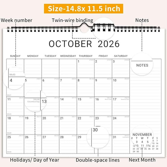 2026 Wall Calendar, 12 Month 14.8”x11.5” Year Monthly Organizer from January 2026-2027 Horizontal Blank Simple Spiral Bound Wire Hanging Calendar w/ Lines for Family, Home, Kitchen, Office White1
