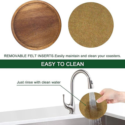 5 Pack Coasters for Drinks Absorbent, Wood Coasters with Felt Pads, Drink Coasters for Coffee Tabletop Protection, Non-Slip, Non-Stick, Suit for Kinds of Cups 4.3 inch Brown