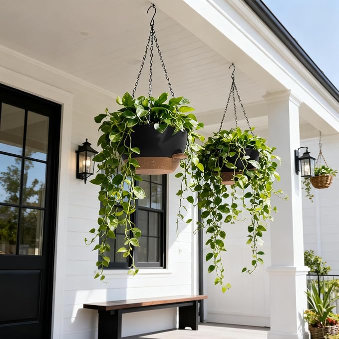 13 Inch 2 Pack Large Self Watering Hanging Planters for Indoor Outdoor Plants, Hanging Plant Pots with Removable 50 Oz Reservoir, Plastic Hanging Basket for Window Porch Garden, Black with Brown