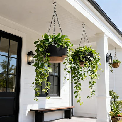 13 Inch 2 Pack Large Self Watering Hanging Planters for Indoor Outdoor Plants, Hanging Plant Pots with Removable 50 Oz Reservoir, Plastic Hanging Basket for Window Porch Garden, Black with Brown