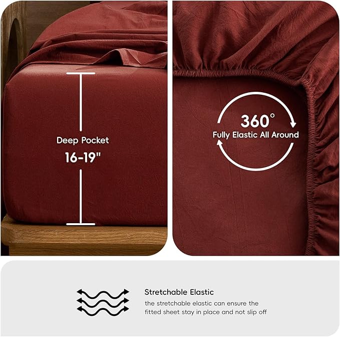 MooMee Bedding Sheet Set 100% Washed Cotton Linen Like Textured Breathable Durable Soft Comfy (Solid Fired Brick Red, Queen)