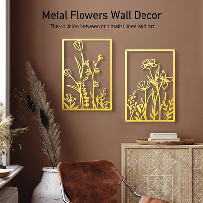 Sokurdeg Gold Metal Flowers Wall Decor, Minimalist Floral Metal Wall Hanging Art for Bedroom Bathroom Living Room (4 Pcs, 15.7 x 22.5 in)