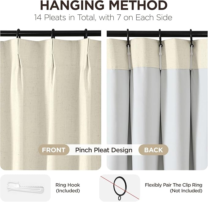 Joydeco Pinch Pleated Linen Curtains for Living Room, 100% Blackout Curtains 84 inches Long 2 Panel Thermal Insulated Pinch Pleat Drapes(Linen,40'' Wx84'' L)