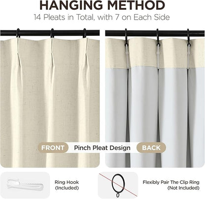 Joydeco Pleated Curtains for Living Room Bedroom, Linen Drapes 90 inch Length 2 Panels Set, Blackout Thermal Insulated Curtain(Linen,40'' Wx90'' L)