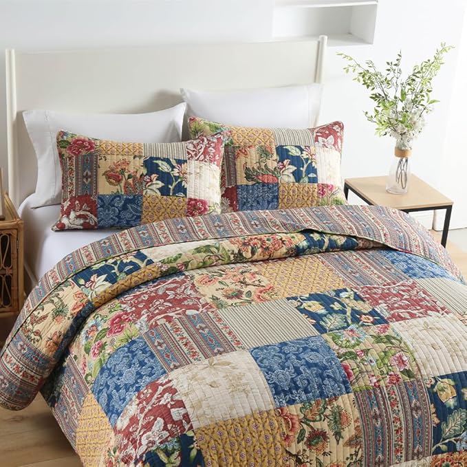 Cotton Bedspread Quilt Sets Reversible Bedding Coverlet Sets 3 Pieces Gorgeous Rustic Vintage Floral Red Yellow Patchwork Bedspread, King Size