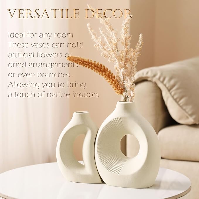 Ceramic Vase Set of 2 - Handcrafted Ceramic Vases for Home Decor & Shelf - Modern Farmhouse Decor for Kitchen, Office, Bedroom & Living Room Decorative Objects for Mantel, Table Centerpieces