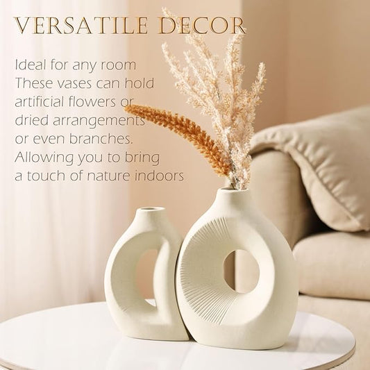 Ceramic Vase Set of 2 - Handcrafted Ceramic Vases for Home Decor & Shelf - Modern Farmhouse Decor for Kitchen, Office, Bedroom & Living Room Decorative Objects for Mantel, Table Centerpieces
