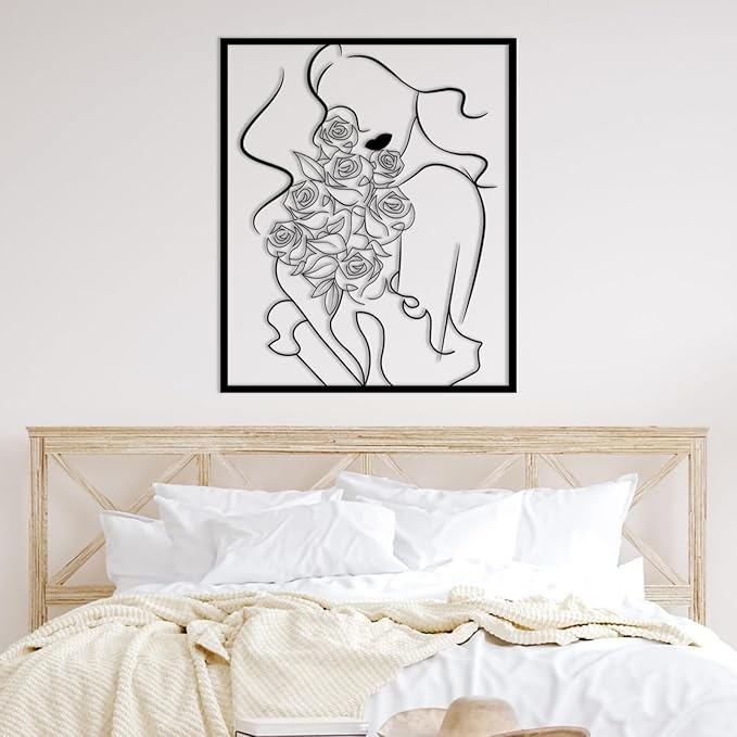 RUNBOAT Metal Women Floral Wall Art - Modern Abstract Metal Line Wall Art, Minimalist Flower Wall Decor, Female Room Decor for Bedroom, Living Room (White, 35x29in|90x75cm)