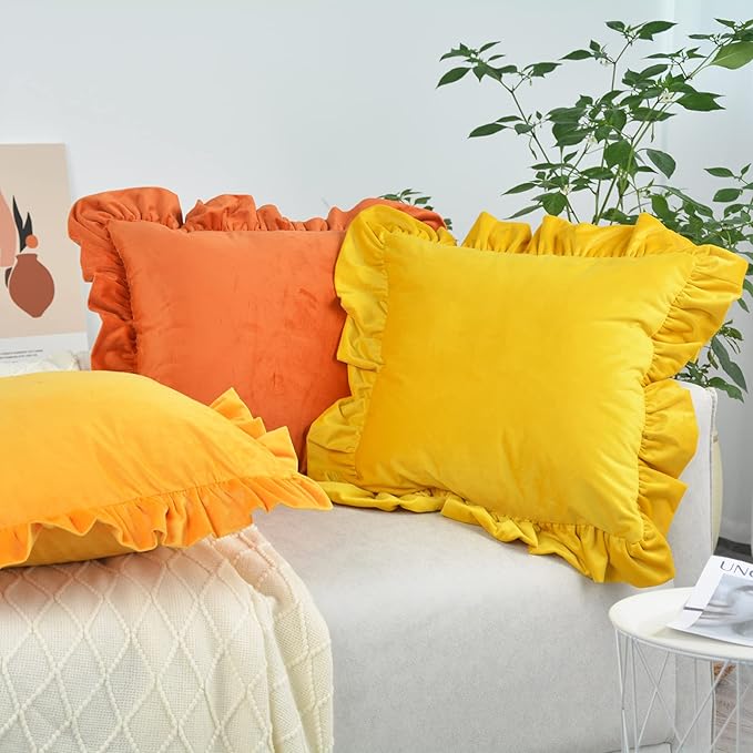 Velvet Ruffle Throw Pillow Covers Couch, Set of 2 Decorative Pillowcases with Ruffles 18x18 Inch Solid Color Shabby Chic Farmhouse Cushion Cover for Living Room Sofa Bed, Beige