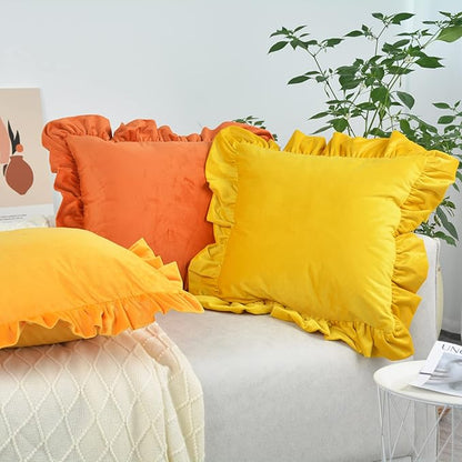 Velvet Ruffle Throw Pillow Covers Couch, Set of 2 Decorative Pillowcases with Ruffles 18x18 Inch Solid Color Shabby Chic Farmhouse Cushion Cover for Living Room Sofa Bed, Beige