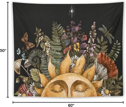 Vintage Sun Tapestry Wall Hanging,Hippie Boho Mushroom Floral Plant Tapestries for College Dorm Living Room Bedroom Decor(50"x60")