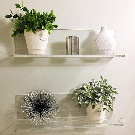 Cerpourt Acrylic Floating Wall Ledge Shelf, Wall Mounted Nursery Kids Bookshelf, Invisible Spice Rack, Clear Bathroom Storage Shelves Display,Acrylic 15" Invisible Bookshelf, Set of 4