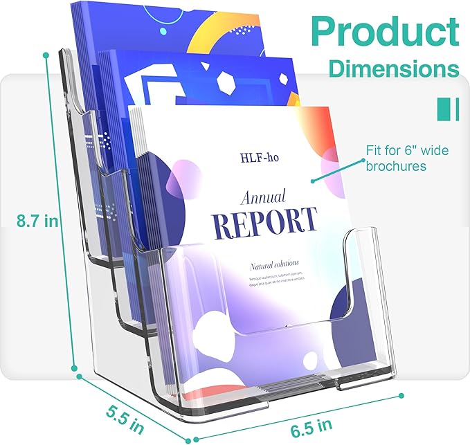 Brochure Holder 6x9 Inch 3 Tier Acrylic Literature Holders Clear Plastic Flyer Display Stand Countertop Use or Wall Mount Pamphlet Holder Organizer for Office, Lobby, Hotel, Trade Show, 2 Pack