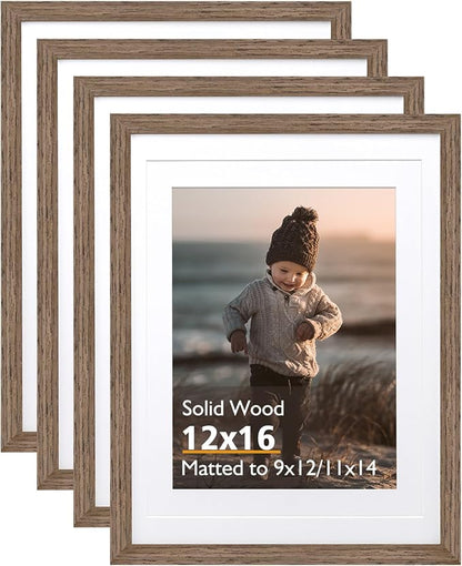 KINLINK 12x16 Picture Frame Brown Wood, Solid Wood Frames with Acrylic Plexiglass for Pictures 11x14/9x12 with Mat or 12x16 without Mat,Wall Display Photo Frame, Set of 4