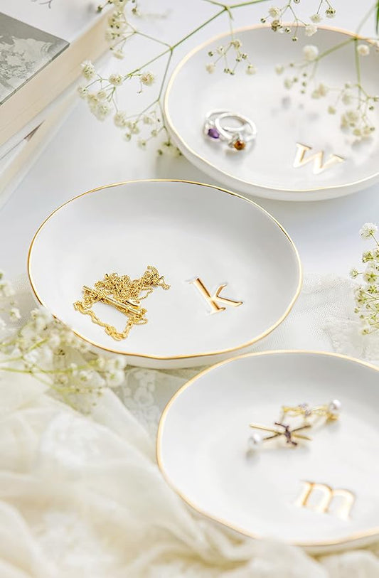 COLLECTIVE HOME - Ceramic Jewelry Tray, Decorative Trinket Dish for Rings Earrings Necklaces Bracelet Watch Keys, Birthday Mother's Day Christmas Gift for Women, 4.75", White Surface (x)