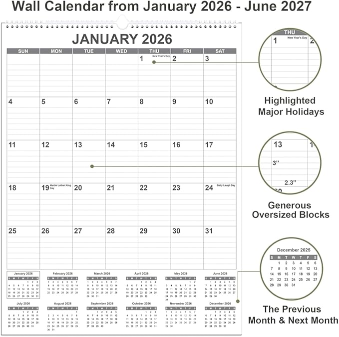 Large Calendar 2026 with Spiral Bound - 18 Month Big Calendar from January 2026 to June 2027, Vertical Large Monthly Calendario 2026 for Wall, 22" x 17", Black
