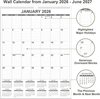 Large Calendar 2026 with Spiral Bound - 18 Month Big Calendar from January 2026 to June 2027, Vertical Large Monthly Calendario 2026 for Wall, 22" x 17", Black
