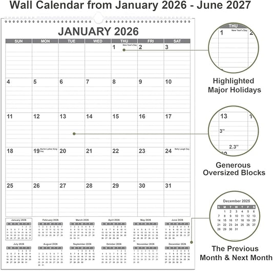 Large Calendar 2026 with Spiral Bound - 18 Month Big Calendar from January 2026 to June 2027, Vertical Large Monthly Calendario 2026 for Wall, 22" x 17", Black