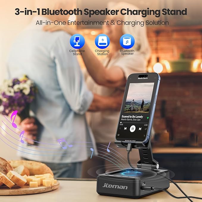 JTEMAN Cell Phone Stand with Bluetooth Speaker,HD Sound Adjustable Phone Holder,Birthday Gifts for Men Women, Cool Tech Kitchen Gadgets for Most Phones and Tablets-Black