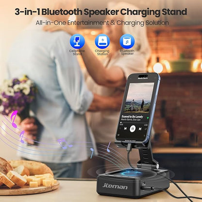 JTEMAN Cell Phone Stand with Bluetooth Speaker,HD Sound Adjustable Phone Holder,Birthday Gifts for Men Women, Cool Tech Kitchen Gadgets for Most Phones and Tablets-Black