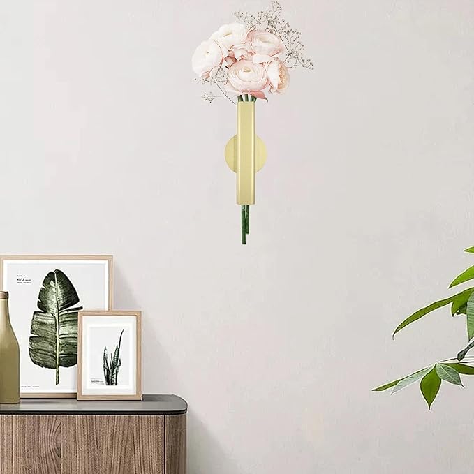 7" Wall-Mounted Flower Tube, Top/Bottom Open Vase, Wall Metal Flower Tube Decoration Holder for Flower Display, Home Office Living Room Bedroom Decoration with Adhesive Material, 2pcs(Gold)