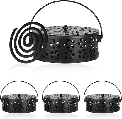 4 Pcs Mosquito Coil Holder Incense Coil Holder, Retro Iron Portable Hanging Outdoor Incense Burner Holder with Handle Round Metal Incense Holder for Home Camping Indoor Outdoor Patio (Black)