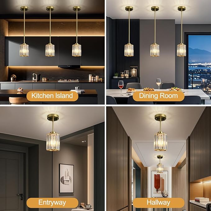 Pendant Lights Kitchen Island 3 Pack, Gold Modern Crystal Mini Chandelier Ceiling Hanging Pendant Light Fixtures for Kitchen Hallway Dining Room Bedroom