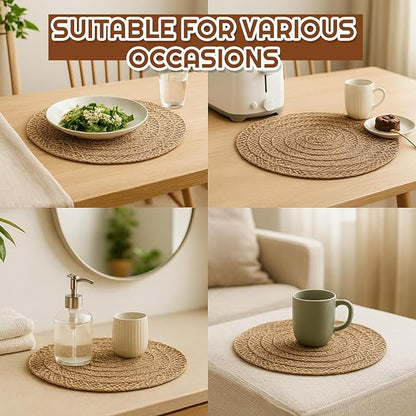 12 Pcs Jute Placemats Boho Braided Woven Table Mats for Dining Table Farmhouse Coasters for Thanksgiving Christmas Party Wedding Events(Classic,12 Inches)