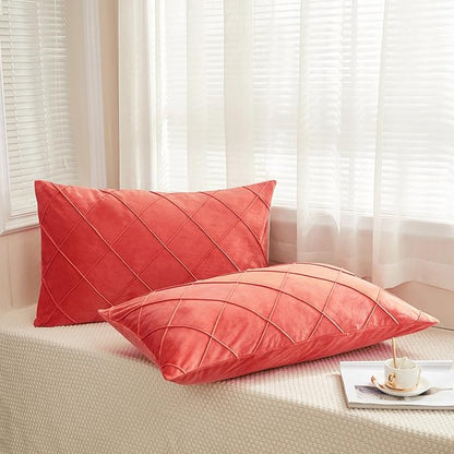 JAUXIO Diamond Pinch Pleated Crystal Velvet Pillowcases 2 Pack Solid Pintuck Throw Cushion Cover for Home Decor Hidden Zipper Closure (Coral Orange, Standard)
