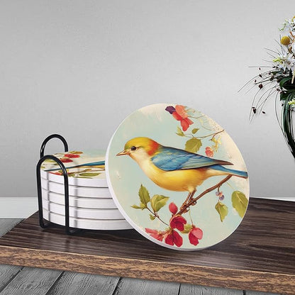 6Pcs Drink Coasters with Holder, Vintage Spring Birds Floral Absorbent Ceramic Drink Coaster with Cork Base, Home Bar Table & Office Decor House Warming Gift