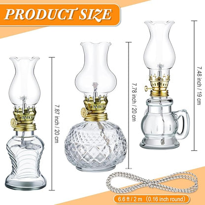 Yexiya 6 Pcs Chamber Oil Lamps Oil Lamp Vintage Glass Kerosene Lamp Bulk with Adjustable Fire Wick Rustic Clear Hurricane with 6.6 ft Extra Wick for Indoor Use Home Decor 8 Inch (Delicate)