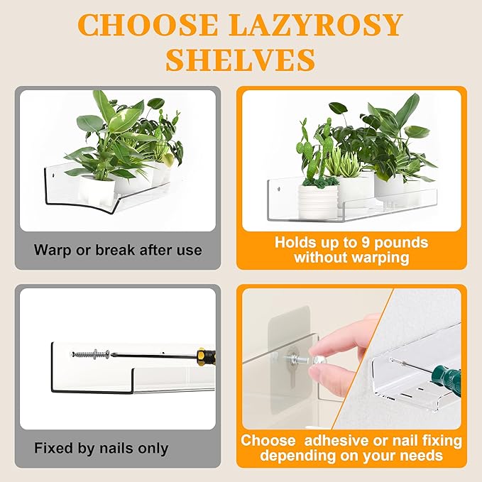 LAZYROSY 6 Pack Floating Shelves - Clear Acrylic/PET Wall Mounted Non-Drilling Storage Rack with Adhesive, Invisible Bathroom and Bedroom Shelves for Kitchen, Living Room, Clear Decoration