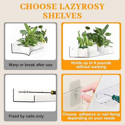 LAZYROSY 6 Pack Floating Shelves - Clear Acrylic/PET Wall Mounted Non-Drilling Storage Rack with Adhesive, Invisible Bathroom and Bedroom Shelves for Kitchen, Living Room, Clear Decoration