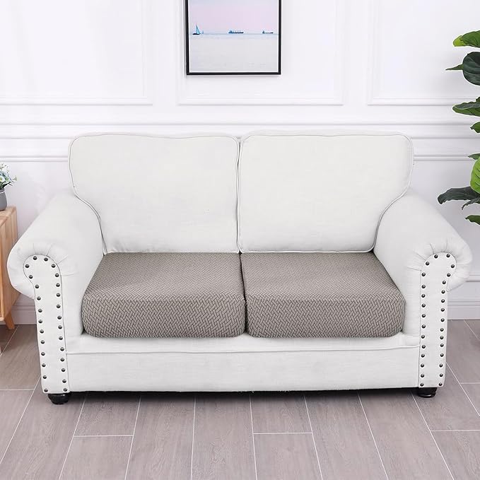 Smiry Waterproof Couch Cushion Covers, Stretch Jacquard Thick Sofa Cushion Covers, Washable Seat Slipcover Elastic Furniture Protector for Pets, Kid (2PC, Taupe)
