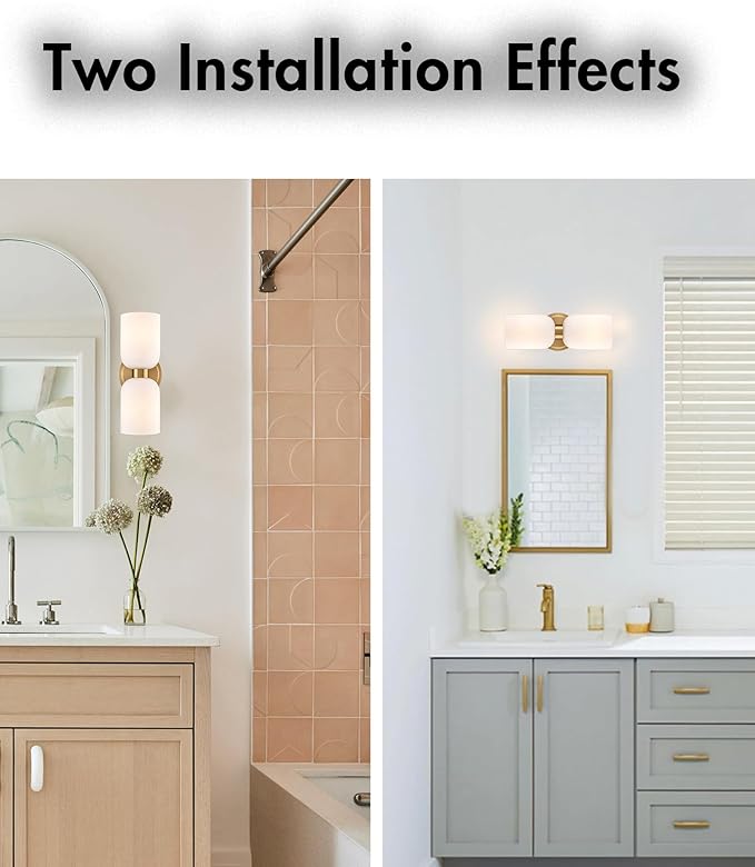 CLAXY Modern Gold Bathroom Vanity Wall Sconce 2-Light Wall Light with Milky Glass Shades Over Mirror Bedroom Stairway