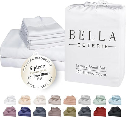 Bella Coterie 6 Piece Luxury Bamboo Viscose California King Size Sheet Set | 100% Organically Grown | Cooling for Hot Sleepers | 18" Deep Pocket | Soft & Hypoallergenic | 4 Pillowcases [White]