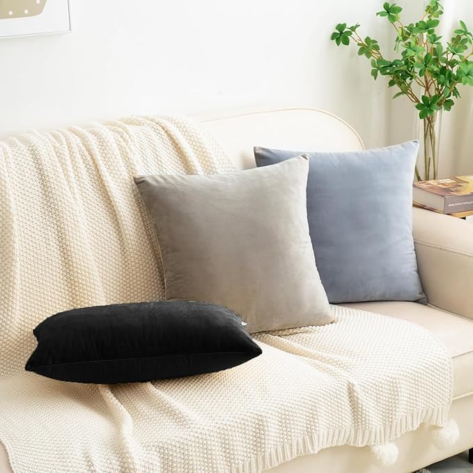 HWY 50 Black Velvet Throw Pillow Covers 18x18 Inch, Pack of 2 Soft Cozy Solid Decorative Luxury Cushion Cases for Couch Sofa Bed Living Room Bedroom