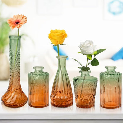 Vintage Glass Bud Vases, Set of 5 – Gradient Green Small Flower Vases for Wedding, Party, and Home Decoration