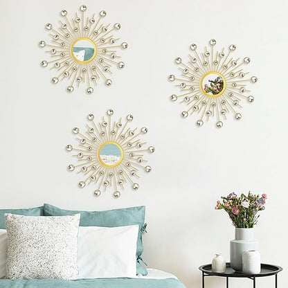 Uaussi 3 Pack Crystal Sunburst Wall Mirror Décor Rhinestone Mirrors Decorative Home Wall Art for Living Room Bedroom Entryway(Crystals Gold)