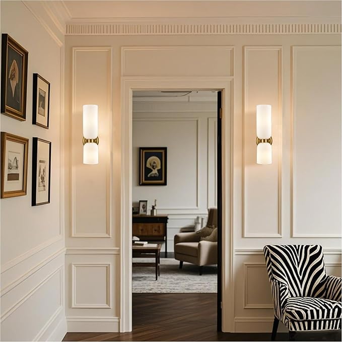 Gold Wall Sconces Set of Two 2-Light Modern Wall Light 3.93"(W)*15.4"(H) Bathroom Vanity Light Milky White Glass