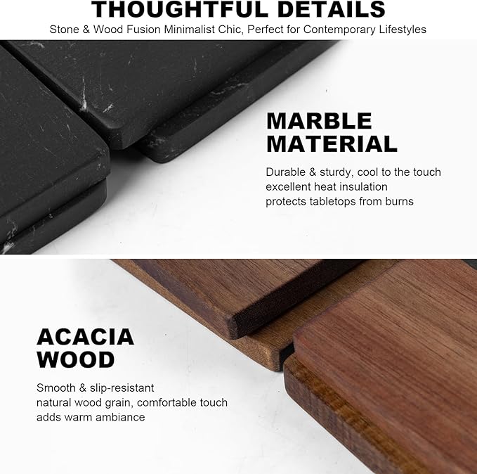 Marble Coasters: 4-Piece Set of Acacia Wood Marble Coasters, Suitable for Kitchens, Offices, and can be Used as Gifts (Black Square)
