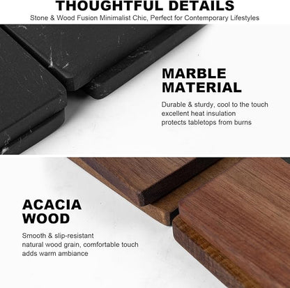 Marble Coasters: 4-Piece Set of Acacia Wood Marble Coasters, Suitable for Kitchens, Offices, and can be Used as Gifts (Black Square)