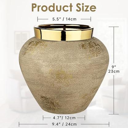 Rustic Ceramic Vase with Gold Rim – 9" Decorative Flower Vases for Living Room, Dining Table Centerpiece & Shelf Décor – Modern Farmhouse, Boho & Contemporary Home Accents