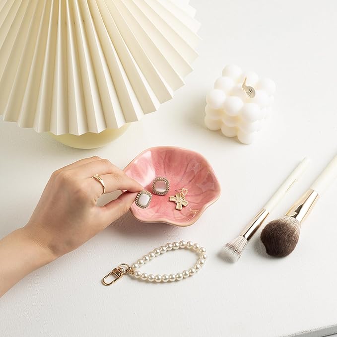 Ceramic Ring Dish, Jewelry Dish Holder, Small Trinket Tray Plate for Earrings Rings Necklaces Keys, Gift for Mom Friend Sister on Birthday Mother's Day Christmas (Pink Surface)