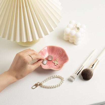 Ceramic Ring Dish, Jewelry Dish Holder, Small Trinket Tray Plate for Earrings Rings Necklaces Keys, Gift for Mom Friend Sister on Birthday Mother's Day Christmas (Pink Surface)