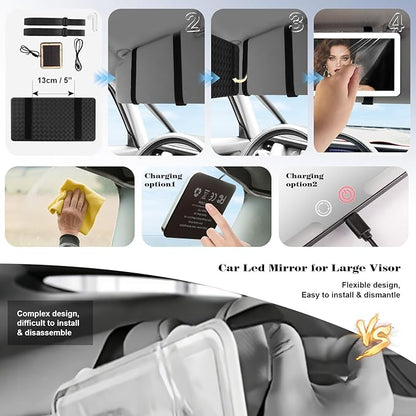 Upgraded Large Led Car Vanity Mirror with Solar&USB-C Charging,10" Sun Visor Mirror with 3-Color Dimmable Rechargeable LED Lights,Car Makeup Mirrors with Secure Reinforced Flexible Mount