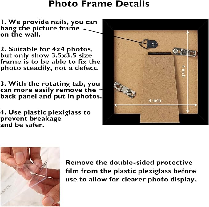 4x4 Picture Frame Set of 2 Black for Wall Hanging or Tabletop, Wall Mounting Horizontally or Vertically, 4 x 4 Square Wall Gallery Poster Photo Frame with Shatter Resistant Plexiglass, 2 Pack, Black