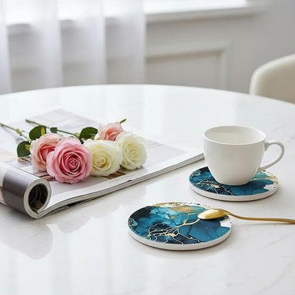 Ceramic Absorbent Coasters Set of 6 with Holder, Marble Drink Coasters for Coffee Table, Water Absorbing Coaster (Teal)