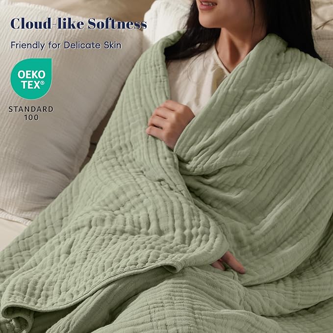 PHF Cooling Muslin Blanket Queen Size 90"x80", 6-Layer Lightweight Gauze Blanket Made from 35% Rayon Derived from Bamboo & 65% Cotton, Breathable & Ultra Soft Cozy for Hot Sleepers, Tea