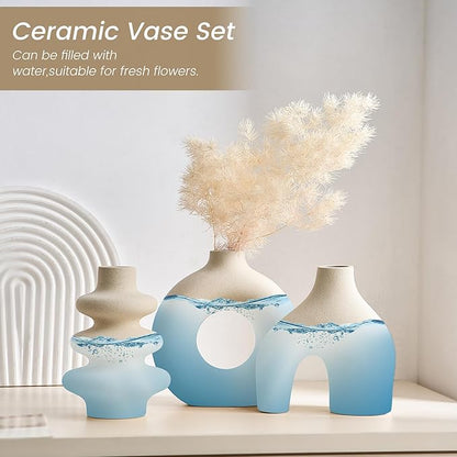 White Ceramic Vase Set of 3, Small Flower Vases for Pampas Grass, Modern Boho Vase for Decor, Round White Vases Centerpieces for Wedding Living Room Bedroom Coffee Table Dinner Table